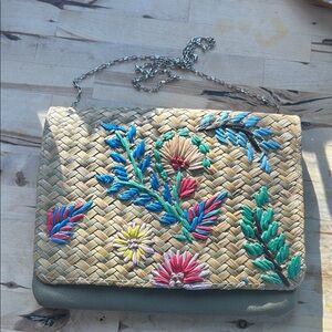 Embroidered Straw and Leather Women's Bag